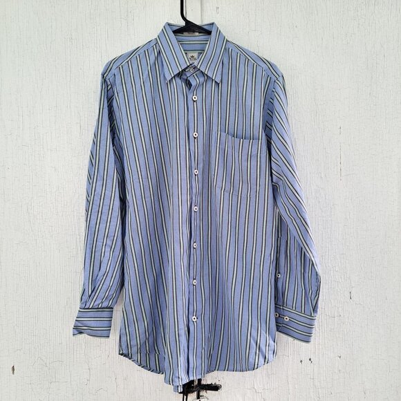Peter Millar Blue Green Striped Button Down 100% Cotton Medium Long Sleeve Shirt - Picture 1 of 7